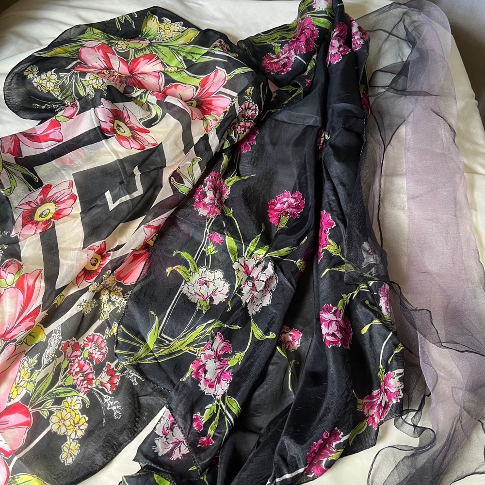 Vintage Floral Silk Scarf Lot Black Pink Sheer Square Neck Scarves 3 Pc